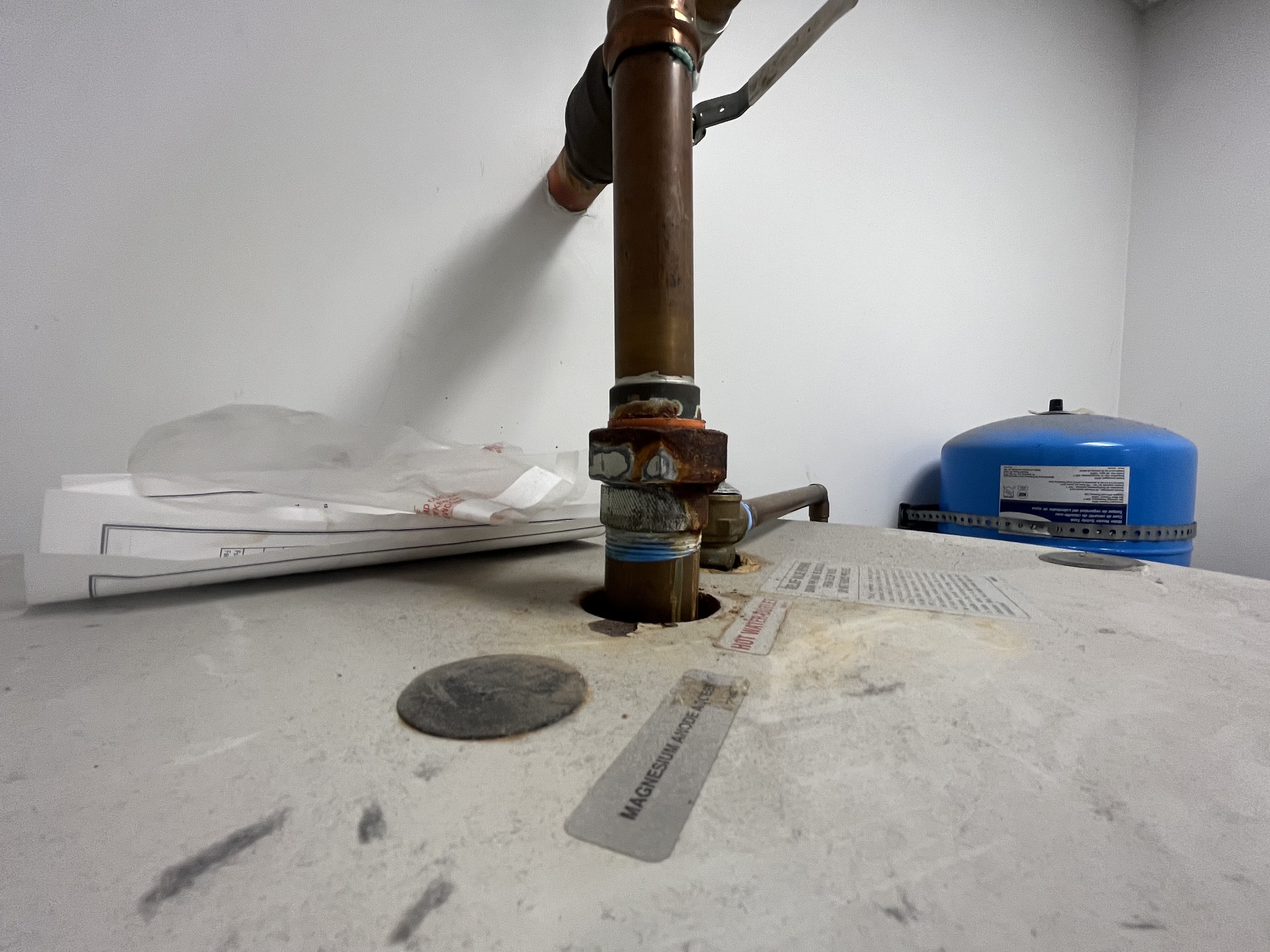 Commercial water heater with expansion tank in healthcare facility