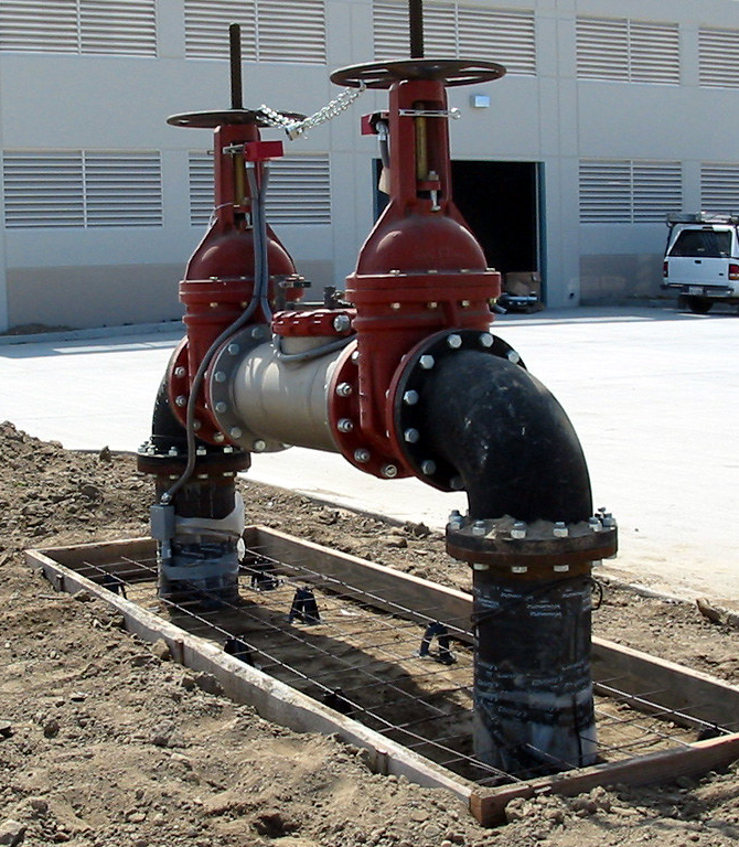 Large commercial RPZ backflow prevention assembly installed at a Southern California commercial property