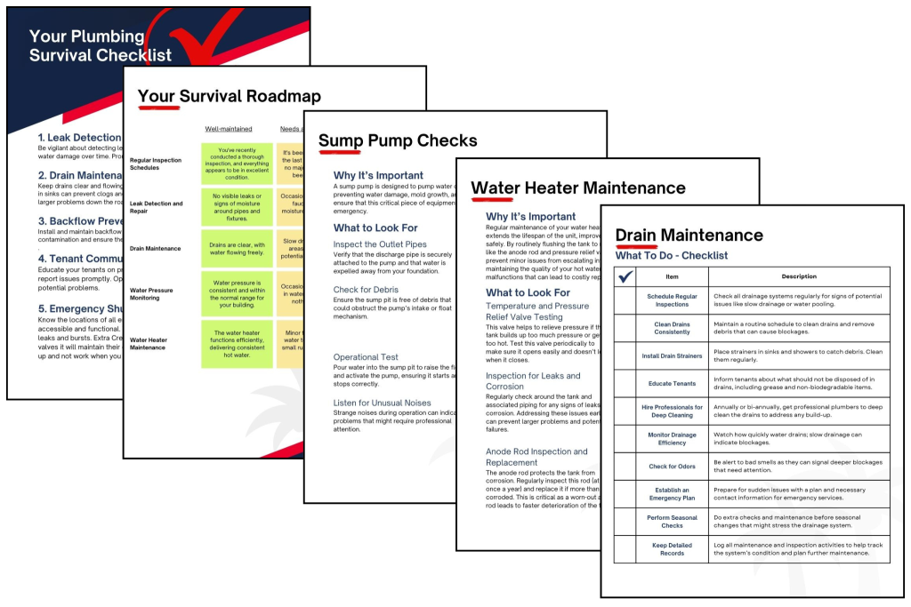 Sample pages from the guide: plumbing service roadmap, sump pump checks, water heater maintenance, and drain maintenance checklists
